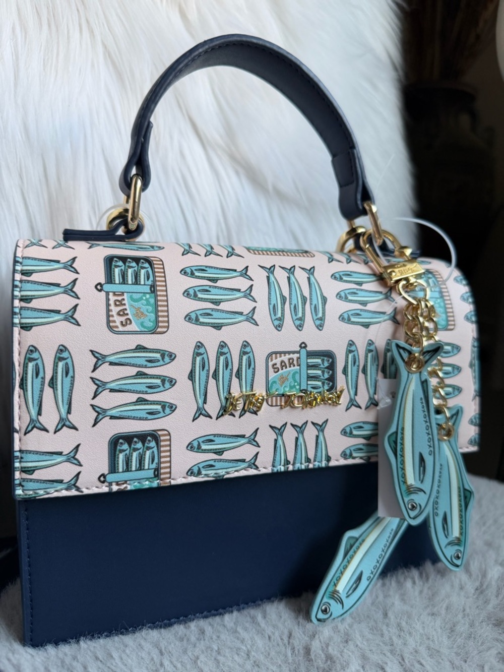 Betsey Johnson Navy & Light Pink Sardine Print Top-Handle Crossbody Bag